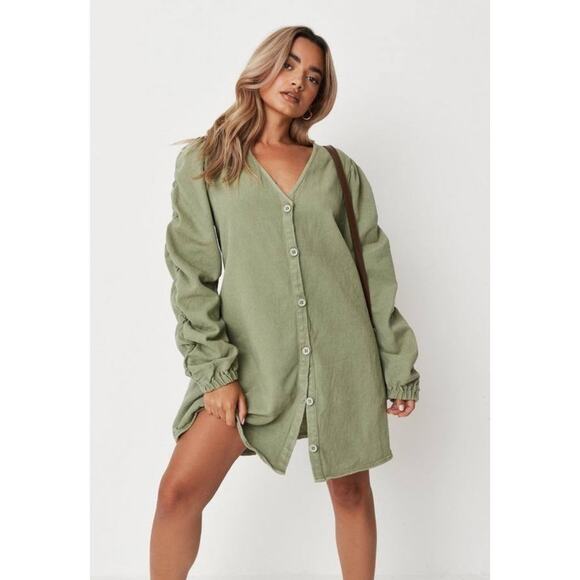 NWT Missguided Plus Size Green V Neck Button Front Denim Dress - Picture 2 of 9